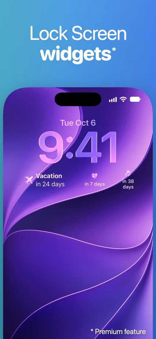 An iPhone Lock Screen with Countdown widgets under the clock: a vacation in 24 days and two more events in 7 and 38 days.