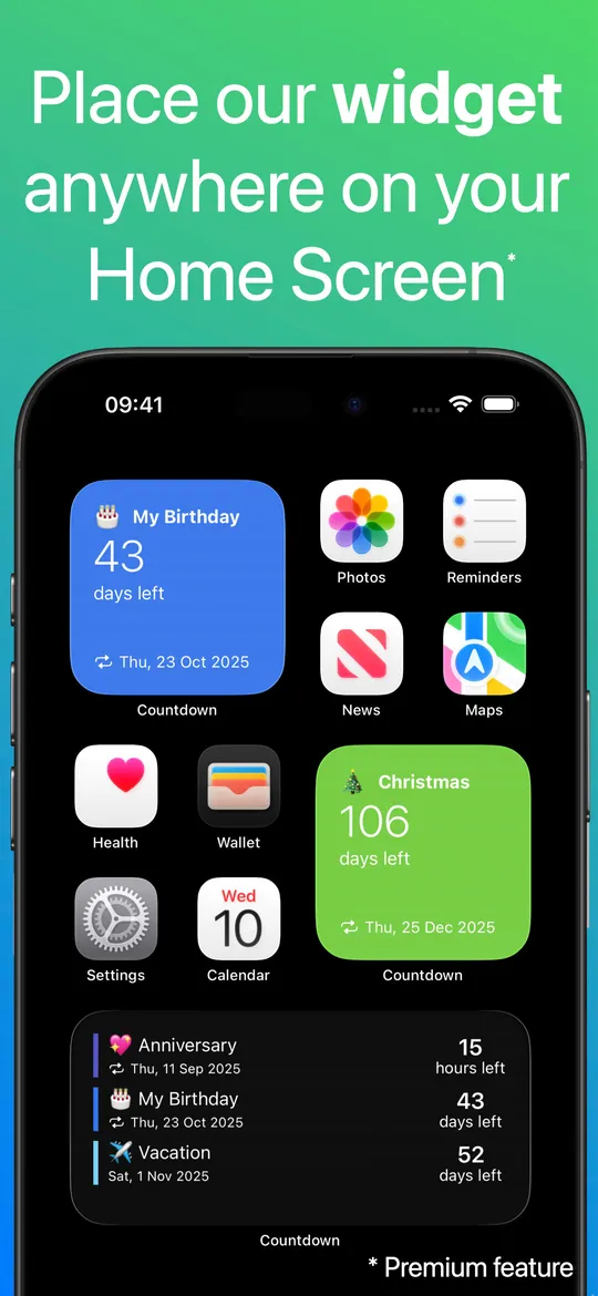 An iPhone Home Screen with small, medium and large Countdown widgets among the other app icons.