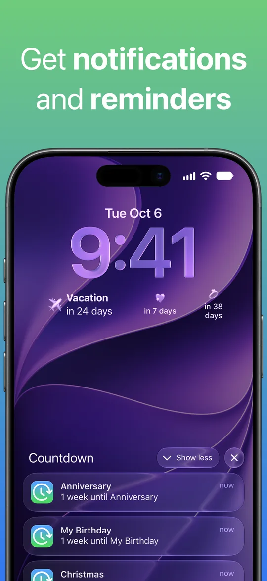 Countdown notifications on the Lock Screen, one week before an anniversary and a birthday.