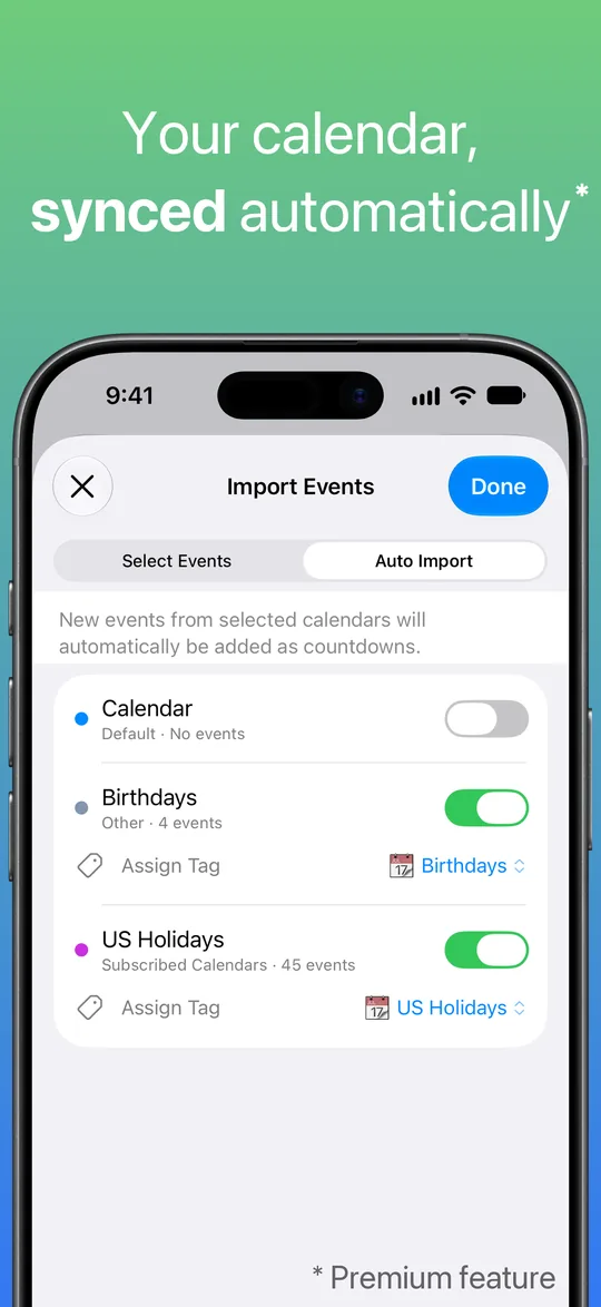 The Import Events screen with Auto Import switched on for the Birthdays and US Holidays calendars.