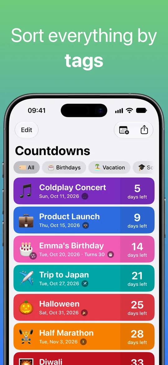 The countdown list with Birthdays and Vacation tag filters above a concert, a product launch and a trip to Japan.