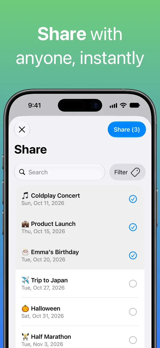 The Share screen with a concert, a product launch and a birthday selected, and a Share button for the three.