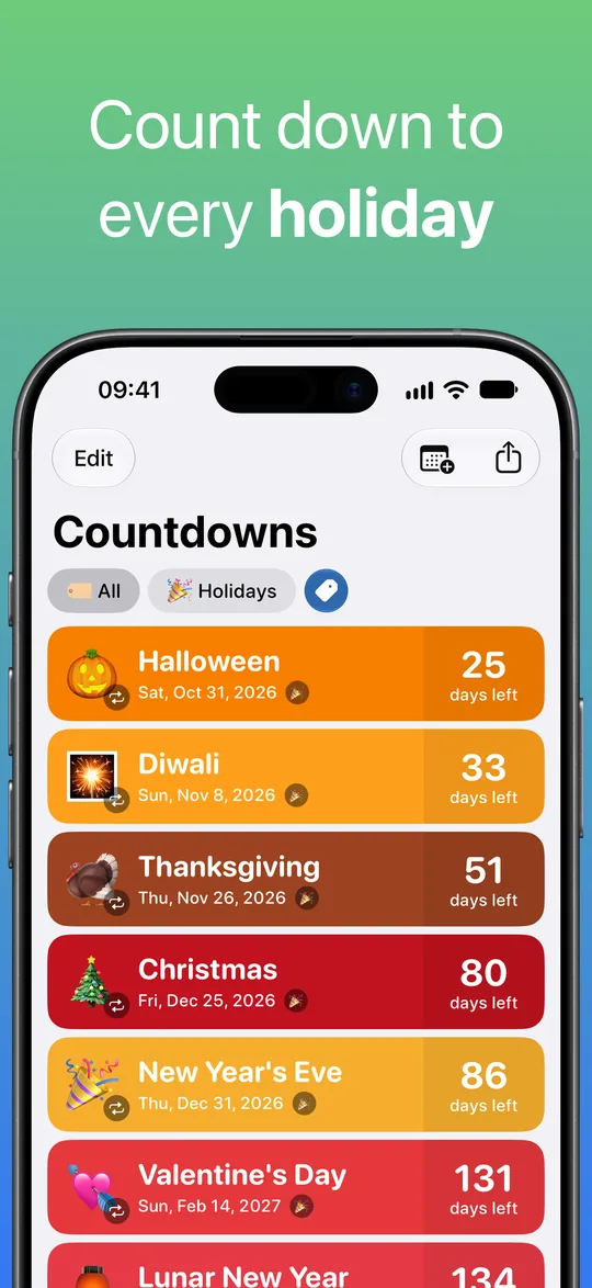 A list filtered by the Holidays tag: Halloween, Diwali, Thanksgiving, Christmas, New Year’s Eve and Valentine’s Day, with the days left.