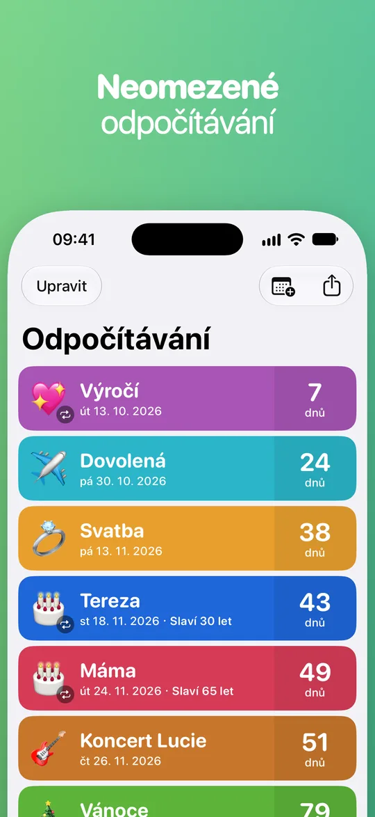 Seznam v aplikaci Countdown: Výročí za 7 dní, Dovolená za 24, Svatba za 38, Tereza za 43 (slaví 30 let), Máma za 49 (slaví 65 let) a Koncert Lucie za 51.
