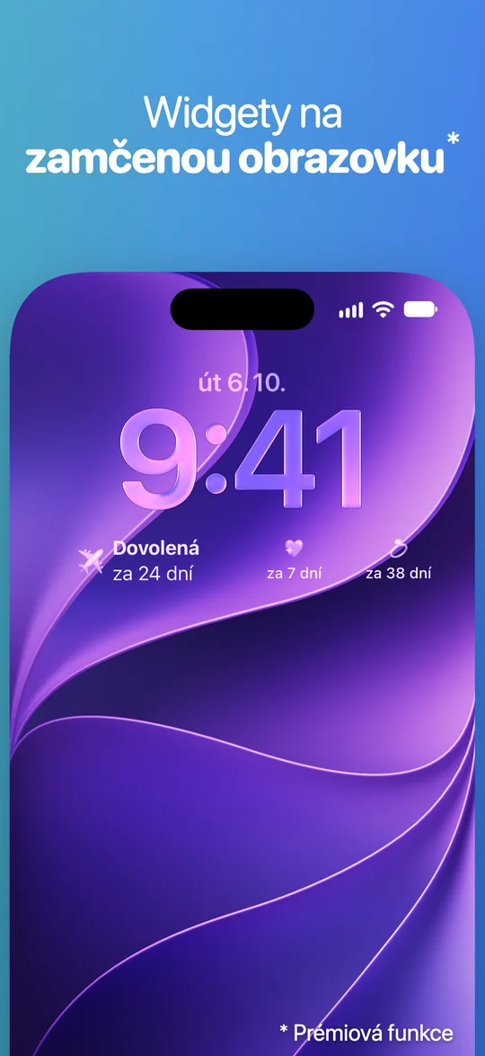 Zamčená obrazovka iPhonu v úterý 6. 10. s widgety Countdown pod hodinami: Dovolená za 24 dní a dvě další události za 7 a 38 dní.