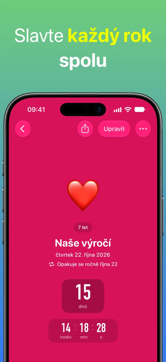 Červené odpočítávání Naše výročí, které se každý rok opakuje 22. října: 7 let spolu a zbývá 15 dní.