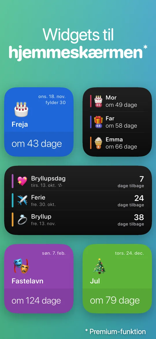 Countdown-widgets på en iPhones hjemmeskærm: Freja om 43 dage, Fastelavn om 124 dage og Jul om 79 dage.