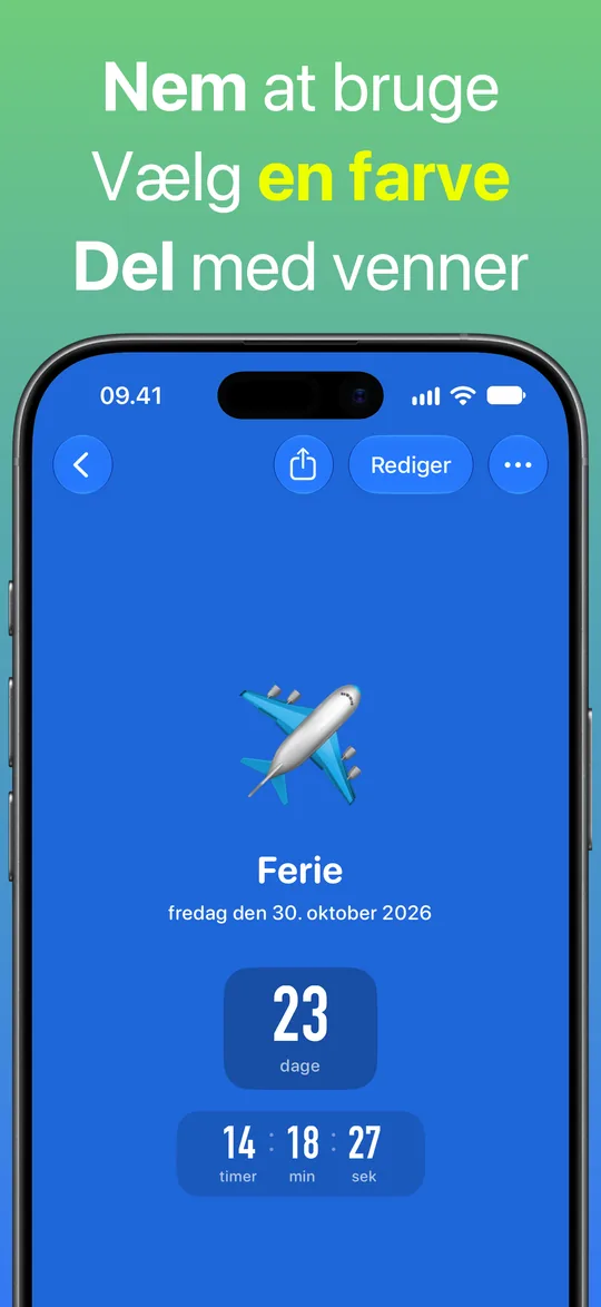 En nedtælling til ferien på blå baggrund: 23 dage, 14 timer, 18 minutter og 27 sekunder til fredag den 30. oktober 2026.