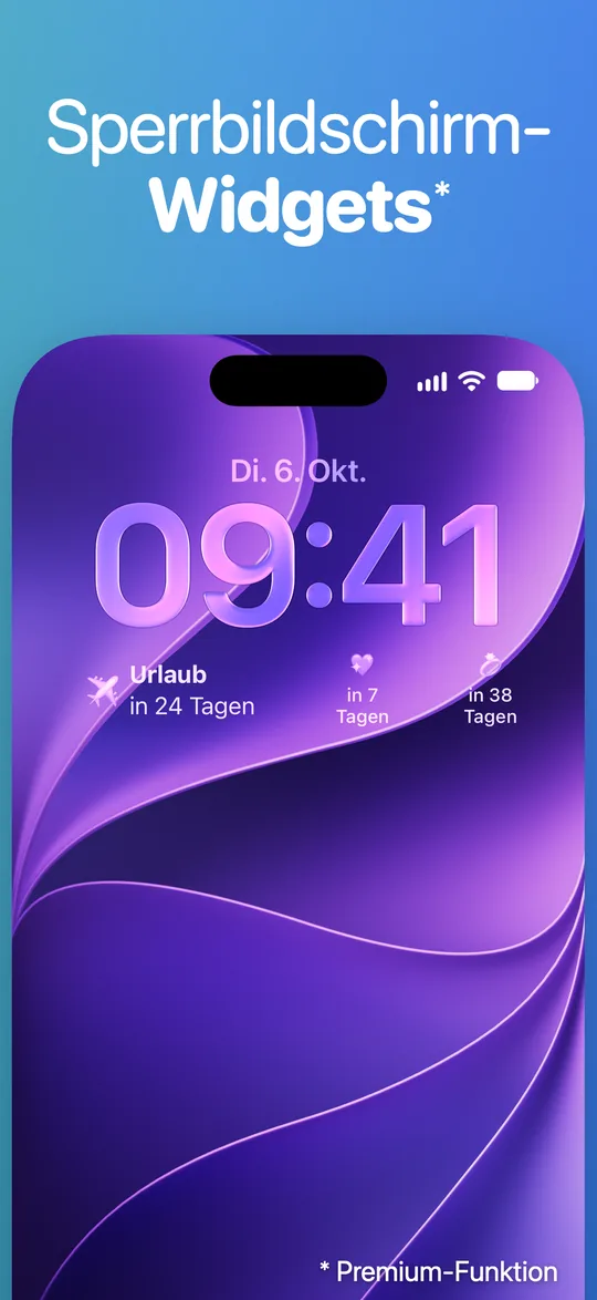 Countdown-Widgets unter der Uhr auf dem Sperrbildschirm des iPhone: Urlaub in 24 Tagen.