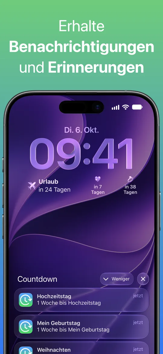 Benachrichtigungen von Countdown auf dem Sperrbildschirm: „1 Woche bis Hochzeitstag“ und „1 Woche bis Mein Geburtstag“.