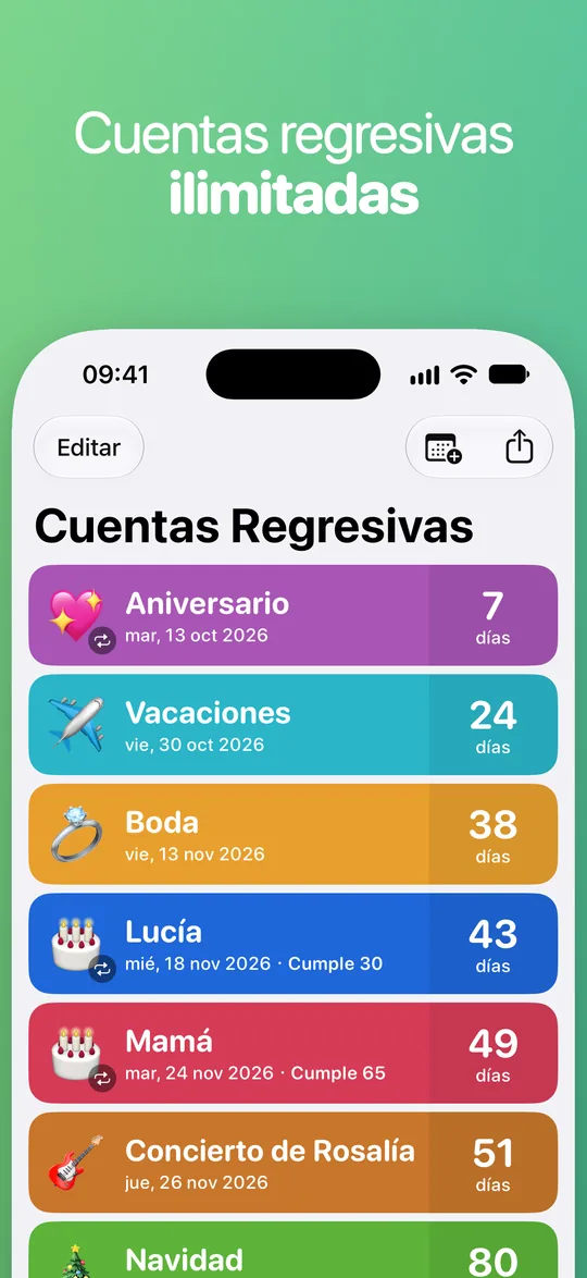 La lista de Countdown: un aniversario en 7 días, vacaciones en 24, una boda en 38, el cumpleaños de Lucía en 43, el de mamá en 49 y un concierto de Rosalía en 51.