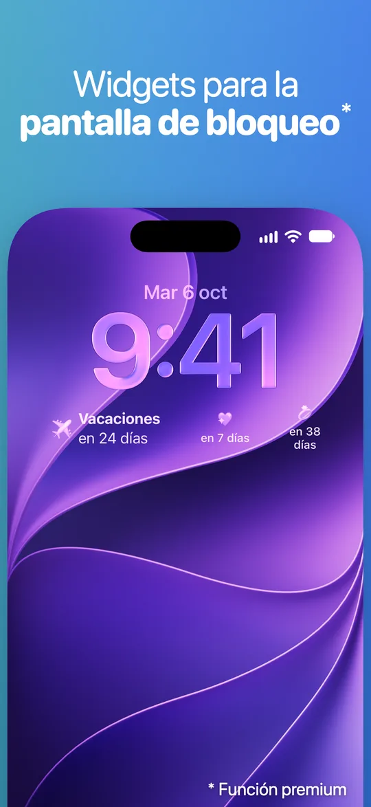 Widgets de Countdown debajo del reloj de la pantalla de bloqueo del iPhone: faltan 24 días para las vacaciones.