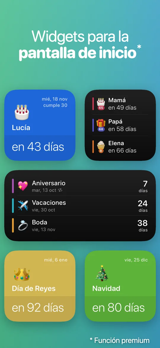 Widgets de Countdown de tres tamaños: el cumpleaños de Lucía en 43 días, los próximos cumpleaños de la familia, los tres próximos eventos, el Día de Reyes en 92 días y Navidad en 80.