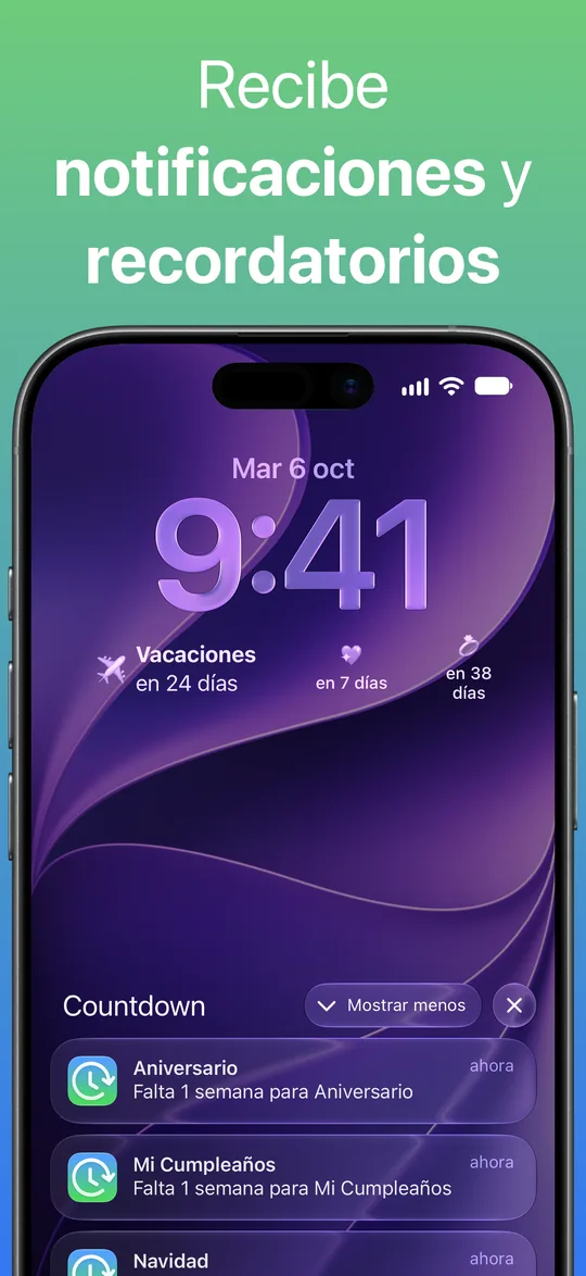 Notificaciones de Countdown en la pantalla de bloqueo, una semana antes de un aniversario y de un cumpleaños.