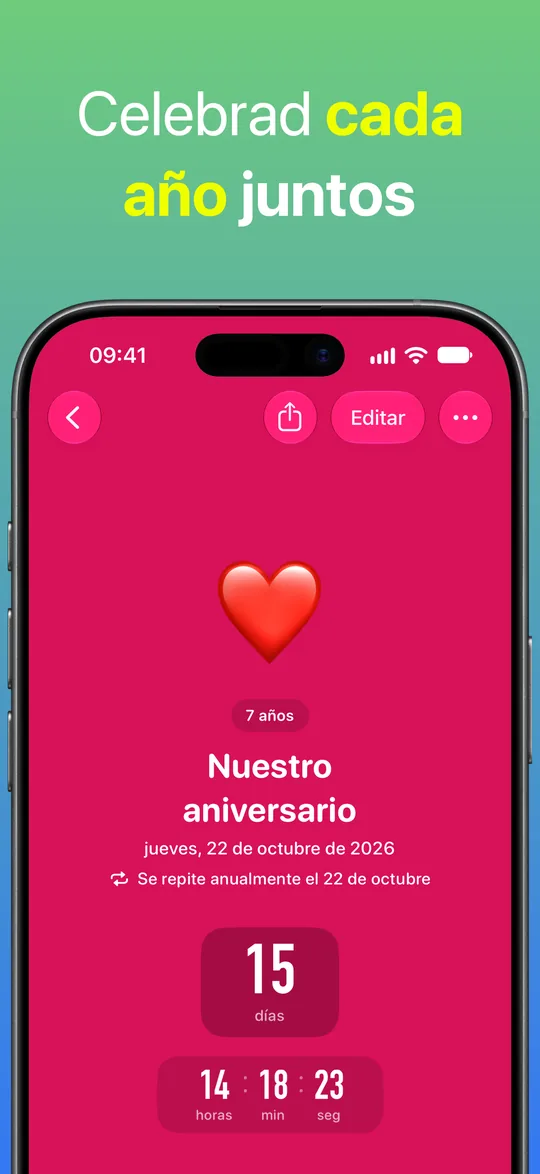 Una cuenta atrás roja para nuestro aniversario, que se repite cada año el 22 de octubre: 7 años juntos y faltan 15 días.