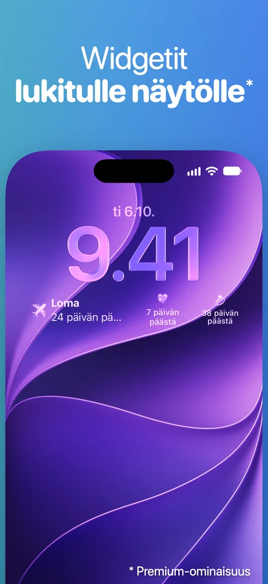 iPhonen lukittu näyttö, jossa Countdown-widgetit kellon alla: Loma 24 päivän päästä ja kaksi muuta tapahtumaa 7 ja 38 päivän päästä.