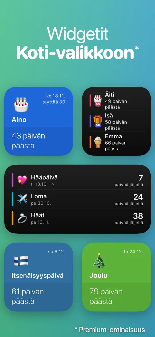 Countdown-widgetit iPhonen Koti-valikossa: Aino täyttää 30 vuotta 43 päivän päästä, Itsenäisyyspäivä on 61 päivän päästä ja Joulu 79 päivän päästä.