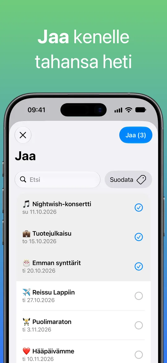Jaa-näkymä, jossa Nightwish-konsertti, Tuotejulkaisu ja Emman synttärit on valittu, sekä painike Jaa (3).