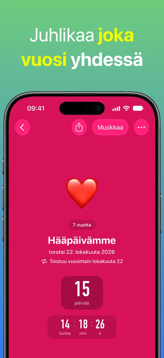 Punainen Hääpäivämme-lähtölaskenta, joka toistuu vuosittain 22. lokakuuta: merkintä ”7 vuotta” ja 15 päivää jäljellä.