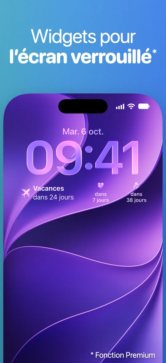 Widgets Countdown sur l’écran verrouillé de l’iPhone, sous l’heure : Vacances dans 24 jours, et deux autres événements dans 7 et 38 jours.