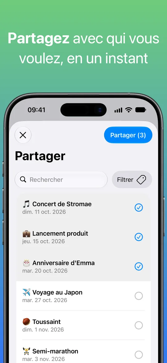 L’écran Partager avec Concert de Stromae, Lancement produit et Anniversaire d’Emma sélectionnés, et le bouton Partager (3).