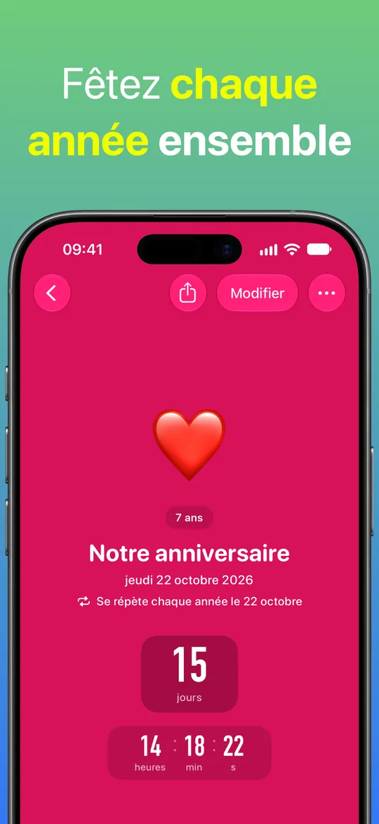 Le compte à rebours rouge Notre anniversaire, 7 ans, qui se répète chaque année le 22 octobre : encore 15 jours, 14 heures, 18 minutes et 22 secondes.