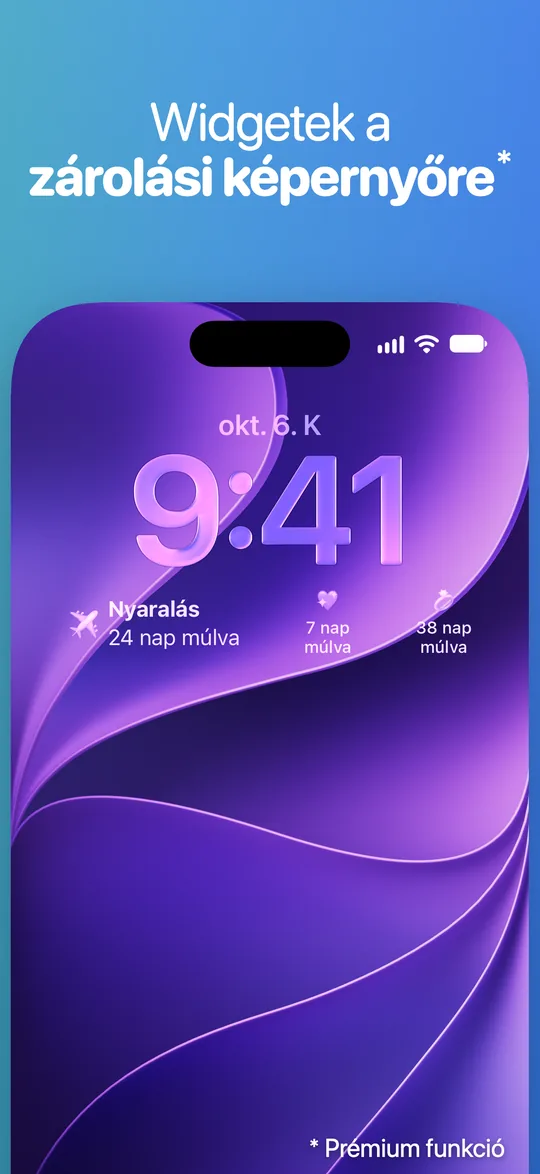 Countdown-widgetek az iPhone Zárolási képernyőjén, az óra alatt: a nyaralás 24 nap múlva.