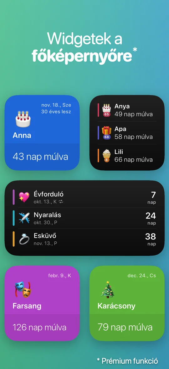 Countdown-widgetek egy iPhone Főképernyőjén: Anna születésnapja 43 nap múlva, a farsang 126 nap múlva és a karácsony 79 nap múlva.