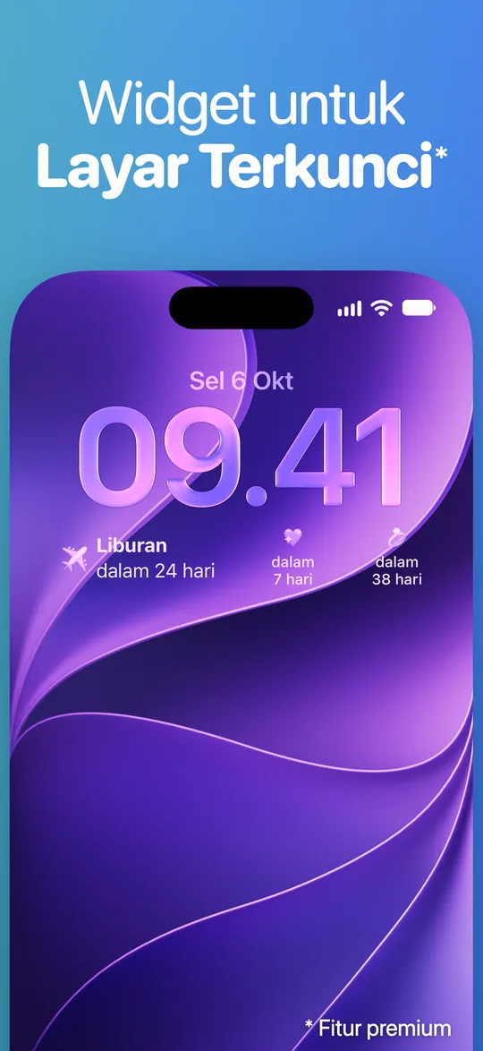Widget Countdown di Layar Terkunci iPhone, di bawah jam: Liburan dalam 24 hari.