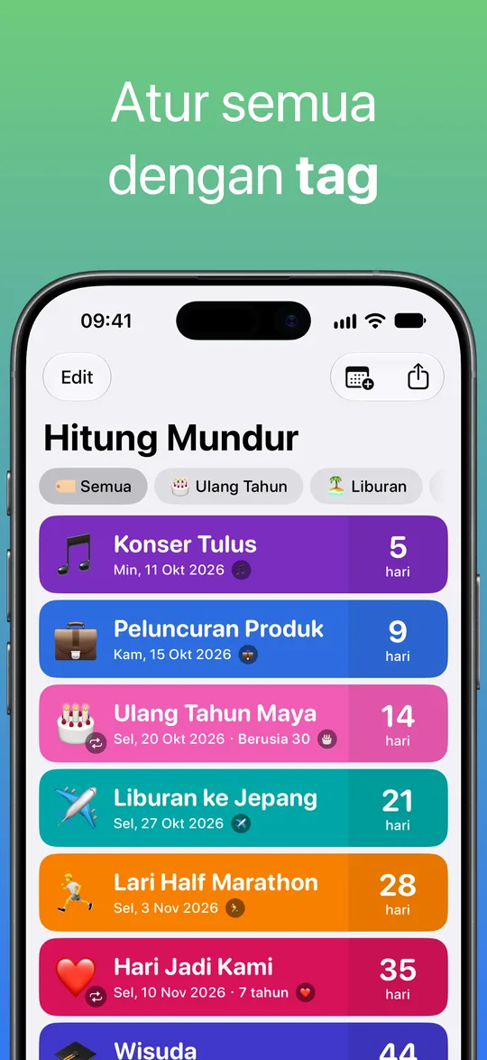 Daftar hitung mundur dengan filter tag Ulang Tahun dan Liburan di atas Konser Tulus, Peluncuran Produk, Ulang Tahun Maya, Liburan ke Jepang, Lari Half Marathon, dan Hari Jadi Kami.