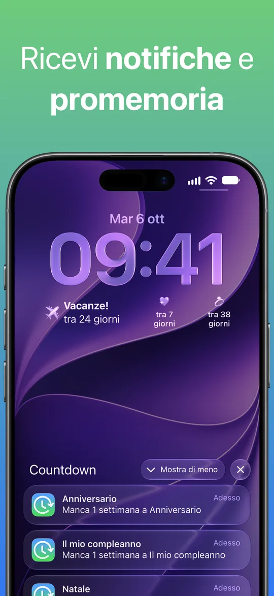 Notifiche di Countdown nella schermata di blocco: manca 1 settimana ad Anniversario e a Il mio compleanno, più una per Natale.