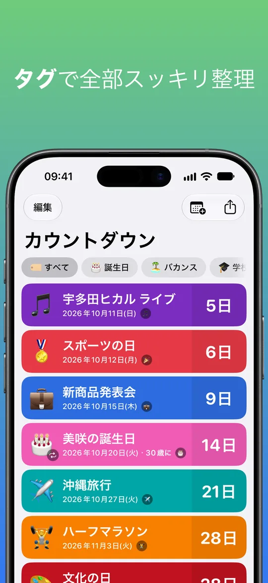 「すべて」「誕生日」「バカンス」などのタグの下の一覧：宇多田ヒカル ライブまで5日、スポーツの日まで6日、新商品発表会まで9日、美咲の誕生日まで14日、沖縄旅行まで21日、ハーフマラソンまで28日。