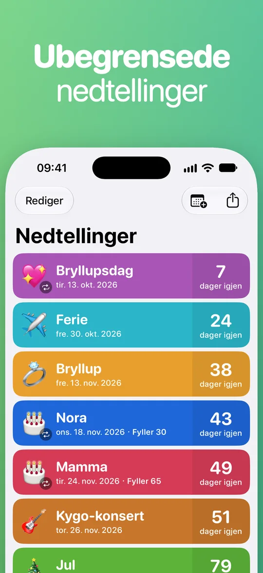 Countdown-listen: Bryllupsdag om 7 dager, Ferie om 24, Bryllup om 38, Nora (fyller 30) om 43, Mamma (fyller 65) om 49 og Kygo-konsert om 51.