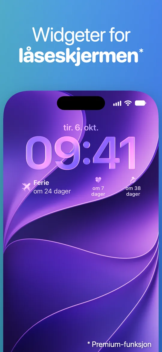 Countdown-widgeter under klokken på låseskjermen til en iPhone: Ferie om 24 dager.