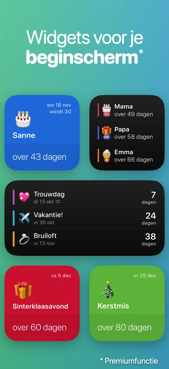 Countdown-widgets op het beginscherm van een iPhone: Sanne over 43 dagen, Sinterklaasavond over 60 dagen en Kerstmis over 80 dagen.