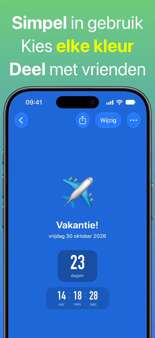 Een vakantie-countdown op een blauwe achtergrond: 23 dagen, 14 uur, 18 minuten en 28 seconden tot vrijdag 30 oktober 2026.