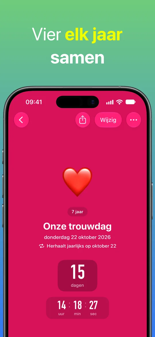Een rode countdown voor Onze trouwdag, die elk jaar op 22 oktober terugkomt: 7 jaar samen en nog 15 dagen te gaan.