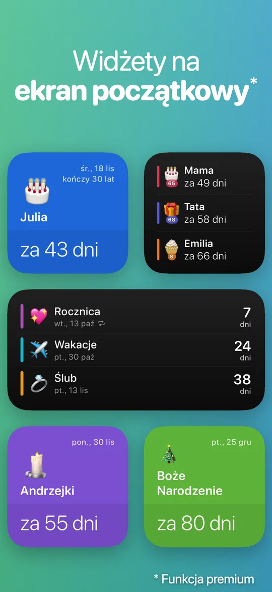 Widżety Countdown na ekranie początkowym: urodziny Julii za 43 dni, Andrzejki za 55 dni i Boże Narodzenie za 80 dni.