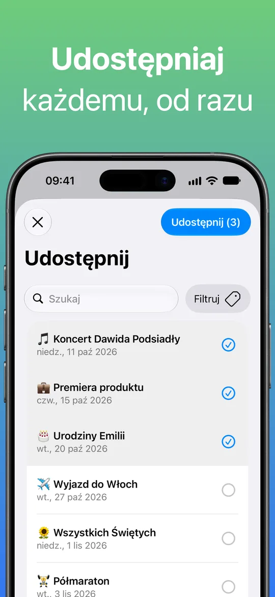 Ekran Udostępnij z zaznaczonymi wydarzeniami Koncert Dawida Podsiadły, Premiera produktu i Urodziny Emilii oraz przyciskiem Udostępnij (3).