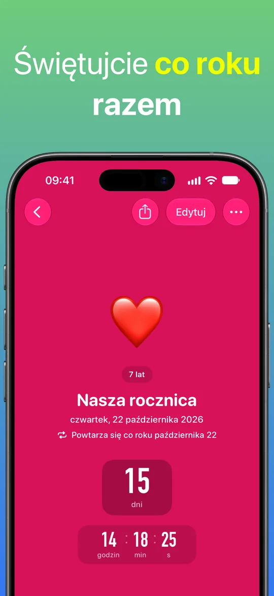 Czerwone odliczanie Nasza rocznica, powtarzane co roku 22 października: 7 lat razem i 15 dni do rocznicy.