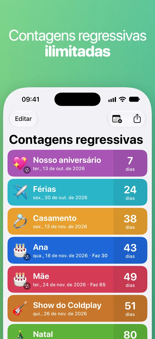 A lista do Countdown: Nosso aniversário em 7 dias, Férias em 24, Casamento em 38, Ana em 43 (faz 30), Mãe em 49 (faz 65) e Show do Coldplay em 51.