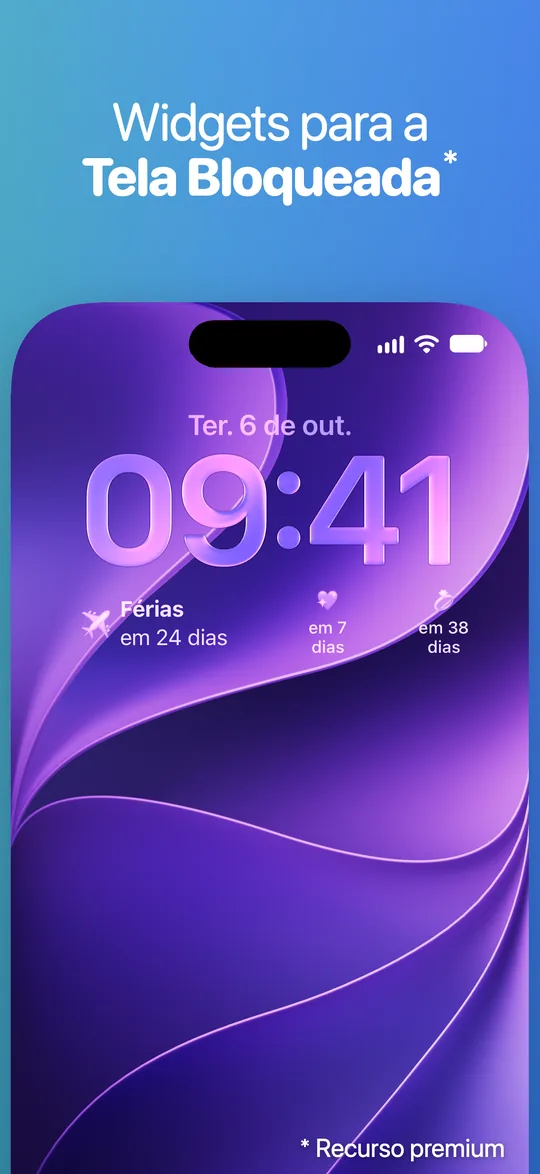 A Tela Bloqueada do iPhone na terça, 6 de outubro, com widgets do Countdown abaixo do relógio: Férias em 24 dias e mais dois eventos em 7 e 38 dias.