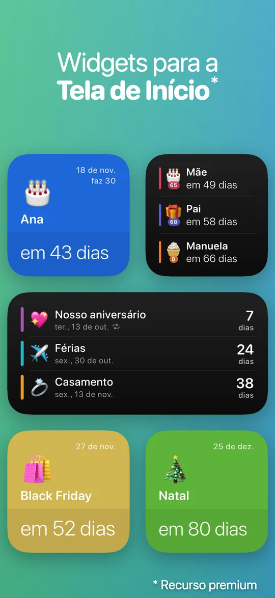 Widgets do Countdown na Tela de Início: aniversário da Ana em 43 dias, Black Friday em 52 dias e Natal em 80 dias.