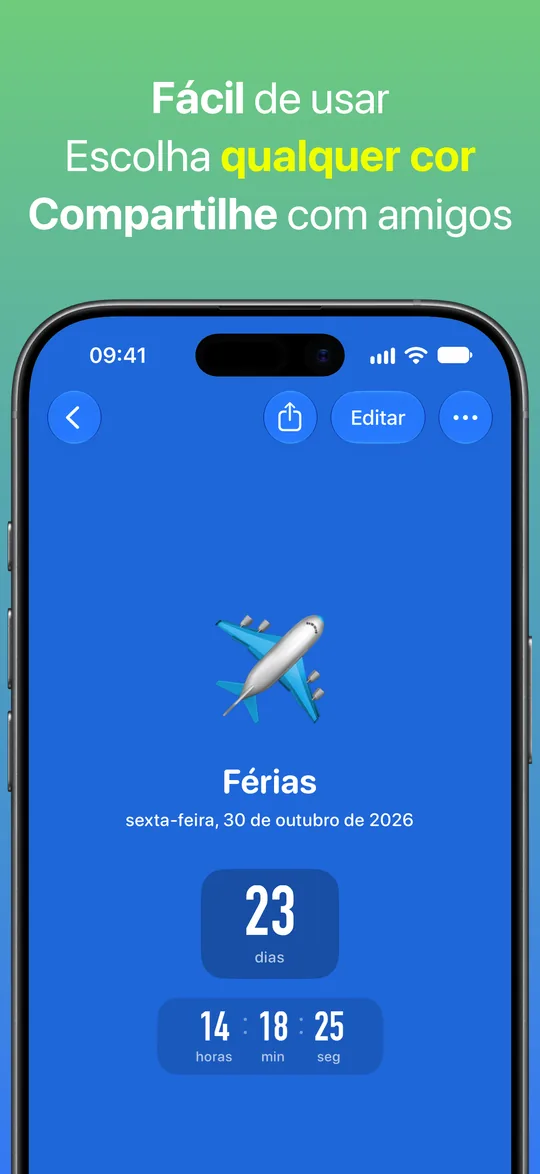 Uma contagem regressiva de Férias com fundo azul: faltam 23 dias, 14 horas, 18 minutos e 25 segundos para sexta-feira, 30 de outubro de 2026.