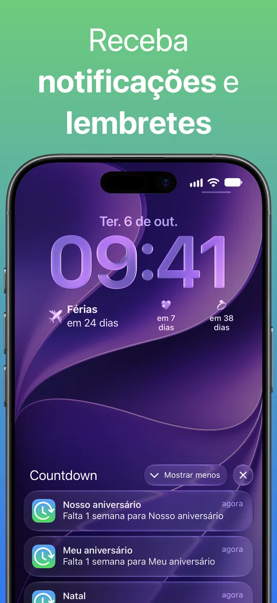 Notificações do Countdown na Tela Bloqueada: “Falta 1 semana para Nosso aniversário”, “Falta 1 semana para Meu aniversário” e mais uma do Natal.
