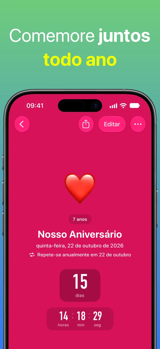 Uma contagem regressiva vermelha para Nosso Aniversário, que se repete todo ano em 22 de outubro: 7 anos juntos e faltam 15 dias.