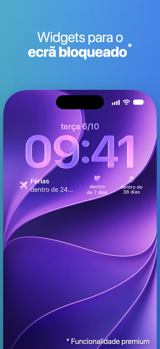 Um ecrã bloqueado de iPhone com widgets do Countdown por baixo do relógio: férias daqui a 24 dias e mais dois eventos daqui a 7 e 38 dias.