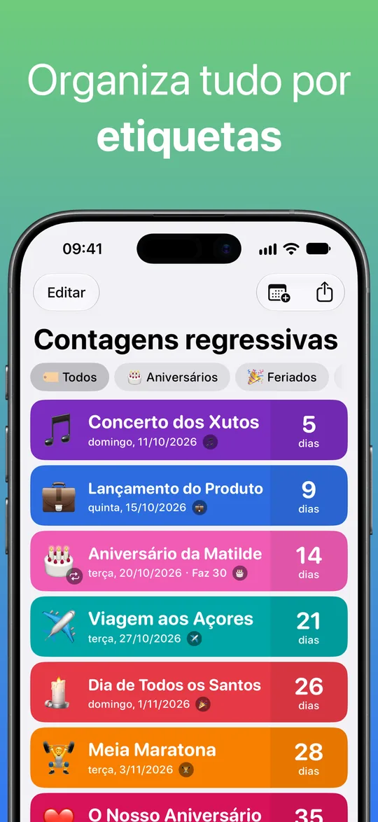 A lista de contagens com os filtros por etiqueta Aniversários e Feriados sobre um concerto, um lançamento de produto e o aniversário da Matilde.