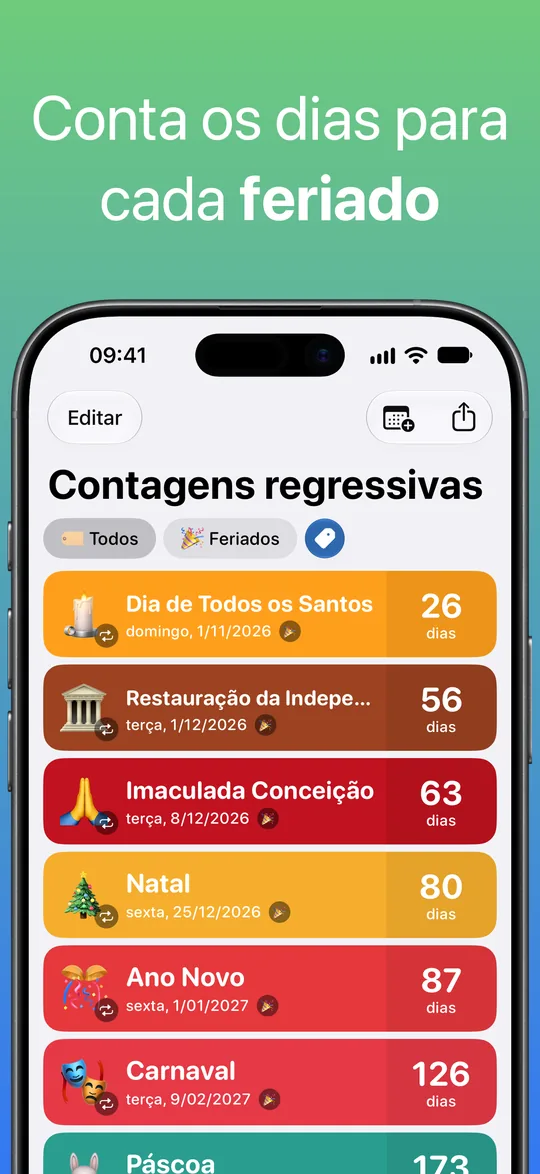 Uma lista filtrada pela etiqueta Feriados: Dia de Todos os Santos, Restauração da Independência, Imaculada Conceição, Natal, Ano Novo e Carnaval, com os dias que faltam.