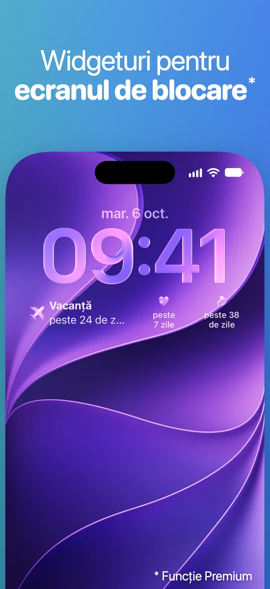 Ecranul de blocare al unui iPhone cu widgeturi Countdown sub oră: Vacanță peste 24 de zile și alte două evenimente peste 7 și 38 de zile.